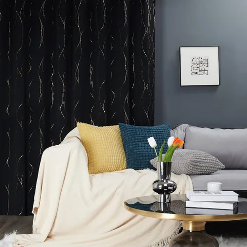 Miniatura 3 de Deconovo - Cortinas opacas con diseño dorado estampado y ojales, negro, de 42 pulgadas de ancho x 45 pulgadas de largo