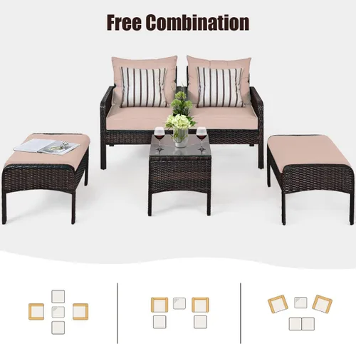 Miniatura 9 de Juego de muebles de patio de 5 piezas, silla de mimbre de ratán para conversación al aire libre con 2 otomanas y mesa de centro de vidrio templado