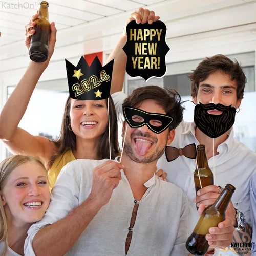 Miniatura 7 de Accesorios grandes para cabina de fotos de Año Nuevo 2023 – Paquete de 26 Accesorios de cabina de fotos de Año Nuevo de papel negro dorado