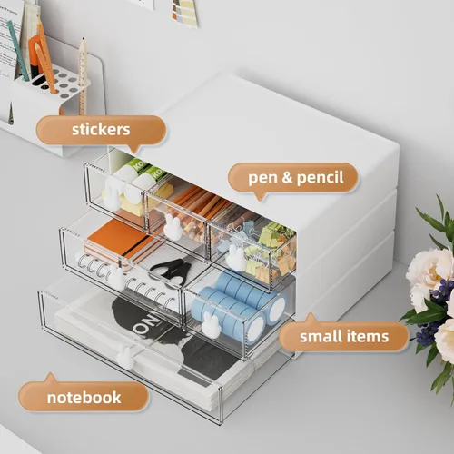 Miniatura 5 de Marbrasse Organizador de escritorio con 6 cajones, cajones de almacenamiento apilables de 3 niveles, almacenamiento de maquillaje de plástico