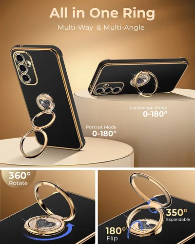 Miniatura 2 de XYZ Funda para Galaxy A14 5G con soporte y doble anillo, funda de lujo para Samsung A14 5G, color negro