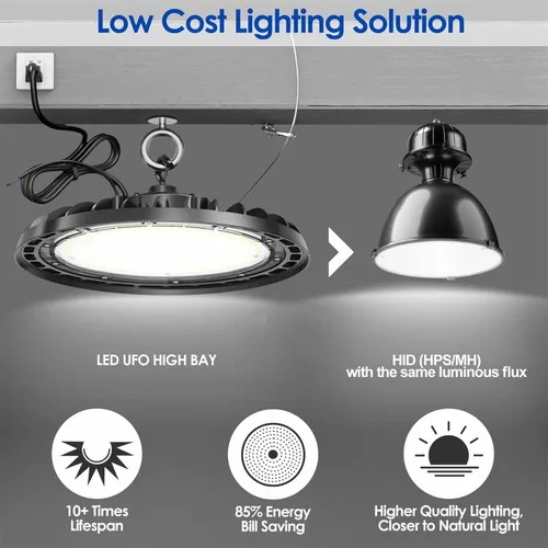 Miniatura 6 de Paquete de 4 luces LED de alta bahía de 150 W, 10 pulgadas, UFO comercial con enchufe para garaje, tienda, almacén, taller, 150 W, 5000 K, 21000 lm