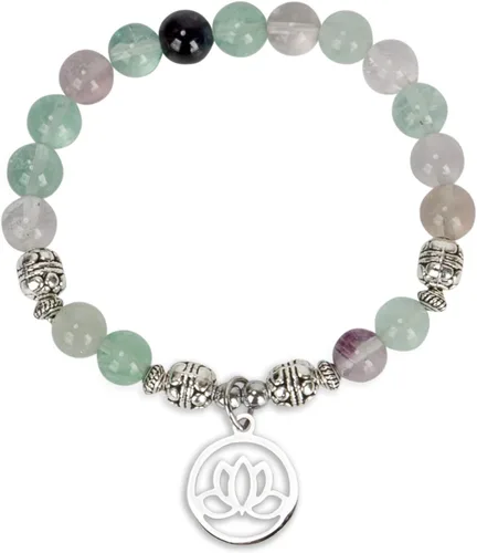 SPUNKYsoul Pulsera de cuentas de energía curativa de fluorita de cristal de loto para mujer, acero inoxidable y aleación, Cristal, fluorita