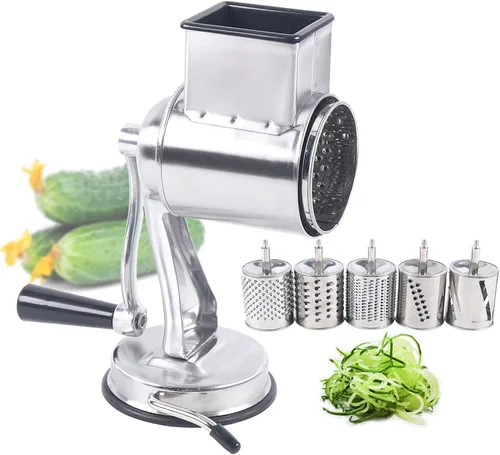 Miniatura 10 de DYNAMI Rallador giratorio de acero inoxidable 5 en 1, rallador de cocina, cortador de verduras, molinos de alimentos con 5 tambores inoxidables