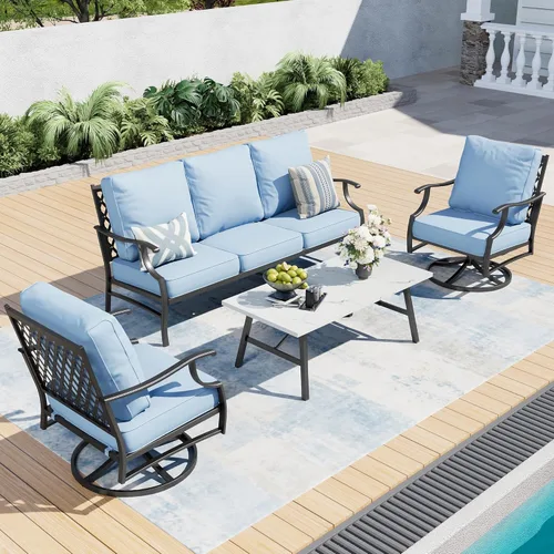 Miniatura 15 de SUNSHINE VALLEY Juego de muebles de patio, 4 piezas de muebles modernos de metal para exteriores, sofá de 3 plazas, 2 sillas mecedoras, mesa