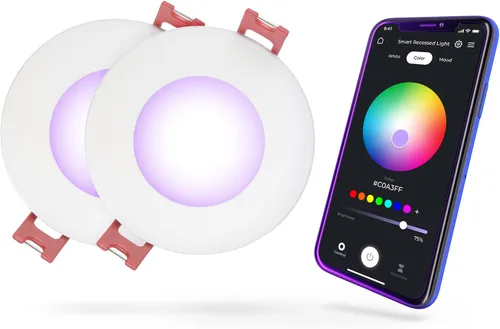 Globe Electric 50466 Kit de iluminación empotrable LED ultra delgada de 3 pulgadas, no requiere concentrador, activado por voz, 7 W, RGB cambiante