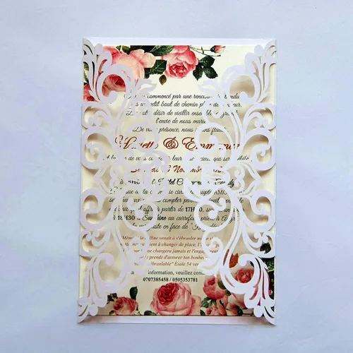 Miniatura 15 de 25 piezas de tarjetas de invitaciones de boda cortadas con láser con purpurina verde con sobres, hojas interiores en blanco, cintas