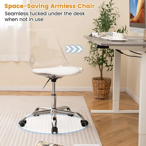 Miniatura 8 de COSTWAY Silla de escritorio transparente, sillas de oficina de acrílico rodantes sin brazos con asiento giratorio y cojín de piel sintética, altura