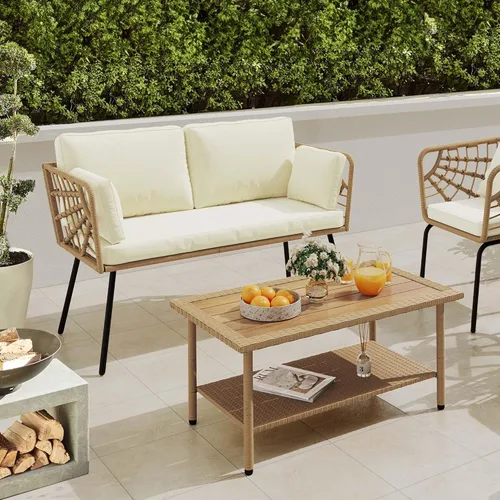 YITAHOME Juego de muebles de patio de 2 piezas, sofá biplaza de mimbre para todo tipo de clima con cojines gruesos y mesa de ratán, juego de