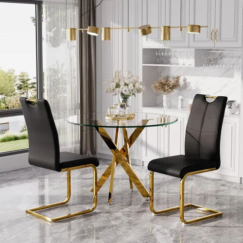 Miniatura 29 de Juego de mesa de comedor redonda moderna de vidrio de 36 pulgadas para 2, mesa de comedor de vidrio con patas cruzadas de metal, mesa de cocina