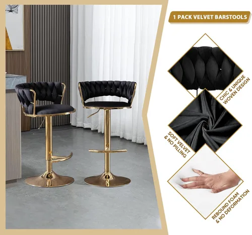 Miniatura 6 de Juego de 2 taburetes de bar giratorios de terciopelo, taburete de bar ajustable con respaldo tejido, sillas de comedor tapizadas, taburetes de bar