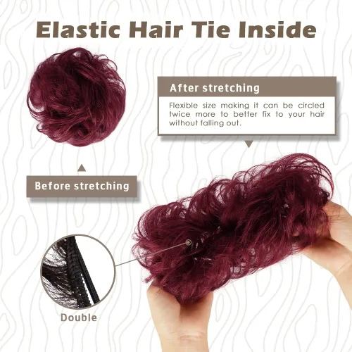 Miniatura 3 de BARSDAR Extensión de moño 100% humano – Cabello humano real rojo desordenado moño coletero para mujer – Extensiones elásticas onduladas