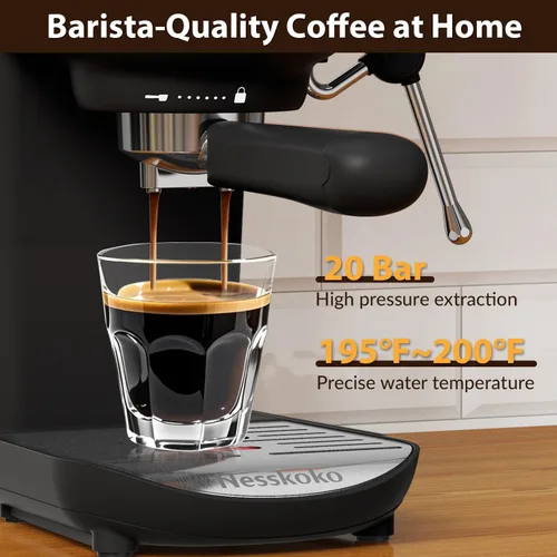 Miniatura 2 de Cafetera Espresso con espumador de leche a vapor semiautomática de 20 bares, diseño compacto en negro con interruptor de palanca para café espresso