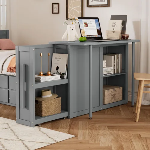Miniatura 4 de Cama de plataforma de tamaño individual con nido y 3 cajones, escritorio pequeño, cama individual con gabinete extraíble y estantes