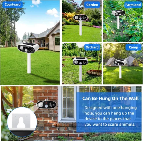 Miniatura 6 de Repelente solar ultrasónico de animales para exteriores, dispositivos repelentes de ciervos y gatos, paquete de 2 unidades, repelente ultrasónico