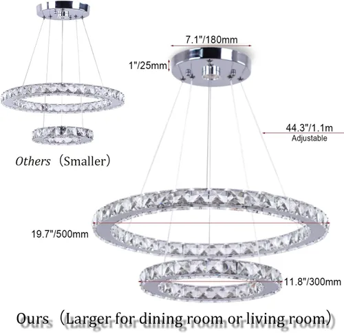 Miniatura 4 de TongLan Lámpara LED moderna de cristal de 19.7 x 11.8 pulgadas, lámpara colgante de techo, 2 anillos, accesorios de iluminación de acero inoxidable