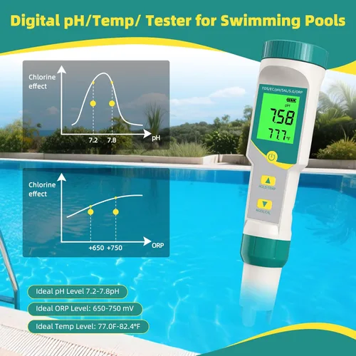 Miniatura 9 de Medidor de PH/TDS Medidor digital de agua 7 en 1 Medidor TDS y probador de salinidad PH Temp EC, Medidor de PH de alta precisión para agua con Verde