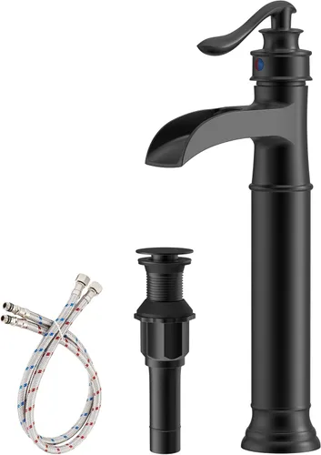 Grifo de lavabo de latón con una sola manija de 1 agujero, con drenaje desplegable sin desbordamiento, grifos de baño altos negro mate Homevacious
