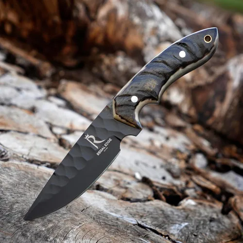 Miniatura 4 de Cuchillo de hoja fija – Cuchillo de caza de 9" recubierto en negro con punta de gota con funda de cuero - Espiga completa de acero al carbono