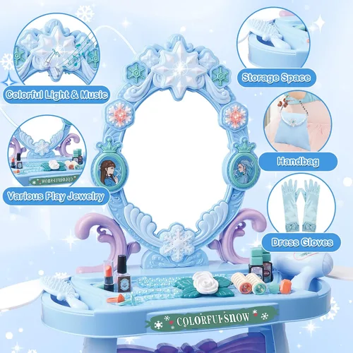 Miniatura 6 de deAO Juego de tocador de maquillaje para niños pequeños con espejo y silla, juego de tocador para niños con luz y música, juguete de maquillaje