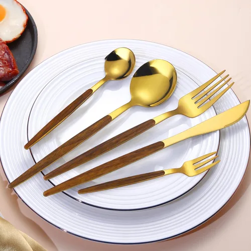 Miniatura 6 de Juego de cubiertos dorados de 20 piezas con tenedor para pastel, juego de cubiertos de acero inoxidable para 4, utensilios de cocina con mango