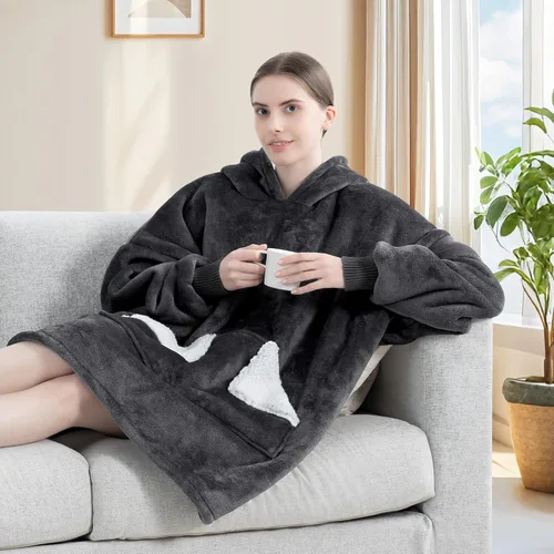 Miniatura 7 de Touchat - Manta con capucha portátil, sudadera con capucha de forro polar sherpa de gran tamaño con bolsillo gigante y mangas para adulto, regalo