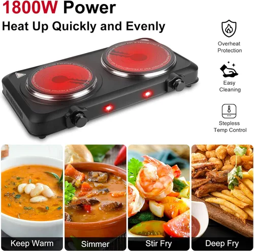Miniatura 3 de Placa caliente de 1800 W, estufa eléctrica portátil para encimera, quemador infrarrojo de doble quemador con placa de cerámica de 7.5 y 6.3