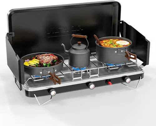 Miniatura 8 de ROVSUN Estufa de camping portátil 2 en 1 y parrilla de propano con plancha de esmalte y encendedor piezoeléctrico, estufa de campamento de mesa