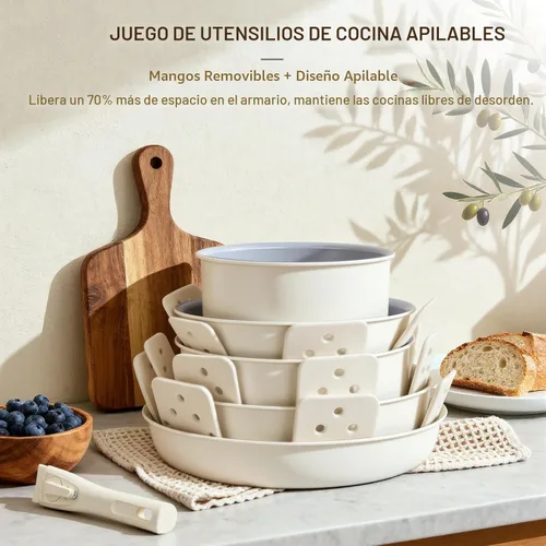 Miniatura 6 de Ammeloo - Juego de ollas y sartenes de cerámica antiadherentes, juego de utensilios de cocina no tóxicos con mangos removibles, juego de cocina