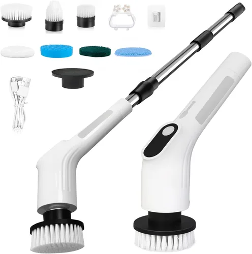 Limpiador eléctrico giratorio, cepillo de limpieza de ducha inalámbrico impermeable con cabezales de cepillo reemplazables y mango de extensión