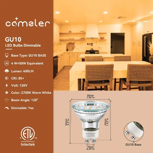 Miniatura 3 de comzler Bombilla LED GU10 regulable, equivalente a halógeno de 50 W, GU10 de 2700 K, luz blanca suave GU10, repuesto para iluminación de pista