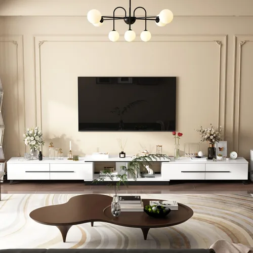 Miniatura 9 de Mesa Consola de TV Extensible Moderna Gabinete de TV con Cajones, Mesa Consola de Almacenamiento de Medios Contemporánea para Sala de Estar Negro
