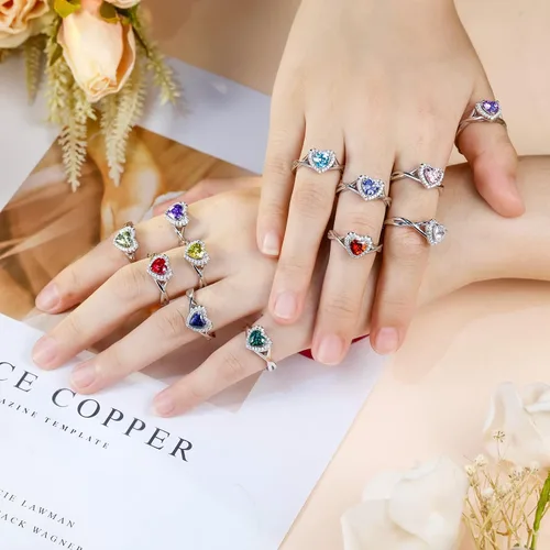 Miniatura 5 de Anillos de plata de ley S925 con piedra natal para mujer, anillo de compromiso ajustable para esposa, mamá, hija, joyería de cumpleaños, boda