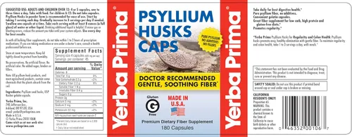 Miniatura 2 de Yerba Prima Psyllium Husks Caps Fibra dietética 625 mg, 180 cápsulas – Suplemento limpiador de colon – Salud intestinal – Sin gluten sin OMG
