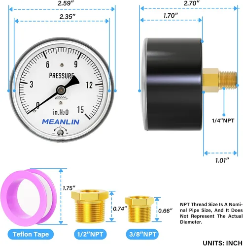 Miniatura 2 de MEANLIN MEASURE Manómetro de baja presión tipo cápsula de diafragma H2O de 0-15 pulgadas NPT de 2-1/3 pulgadas, esfera de cara ajustable, con 1/2