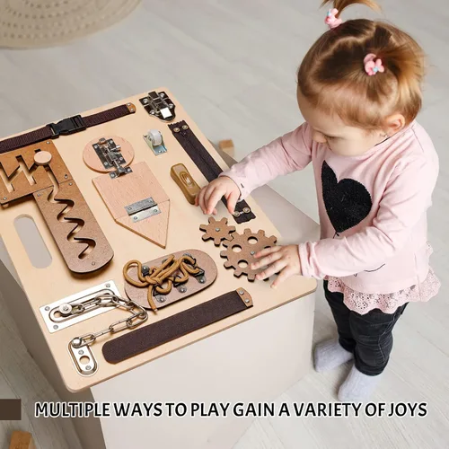 Miniatura 6 de Tablero Ocupado Montessori para Niños Pequeños, Juguetes Sensoriales de Madera, Actividades de Aprendizaje Preescolar para Habilidades Motoras Finas