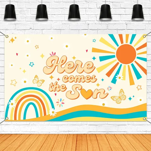 Mocsicka Banner bohemio para baby shower con texto en inglés «Here Comes The Sun», decoración de fiesta de baby shower, para fotografía, decoración