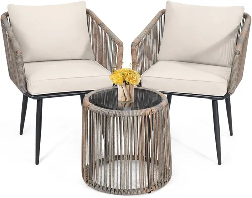 Kromax juego de 3 piezas de muebles de ratán para patio, juego de mimbre para conversación en estilo bistró, muebles de exterior resistentes a la
