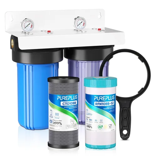 Miniatura 10 de PUREPLUS Sistema de filtración de agua de 2 etapas para toda la casa, carcasa transparente universal de 10 pulgadas, reduce los sedimentos