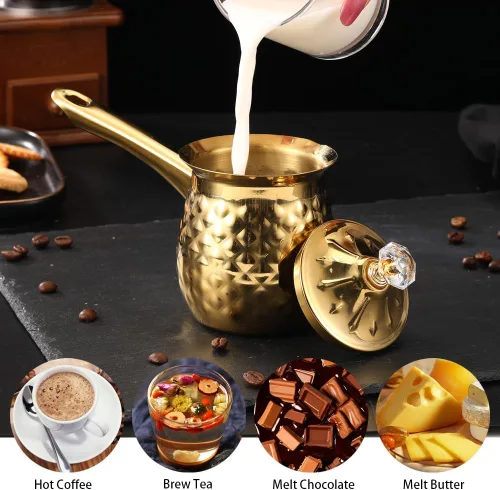 Miniatura 4 de 7 Oz Acero Inoxidable Café Turco Cezve, Oro Ibrik con Mango, 200 Ml