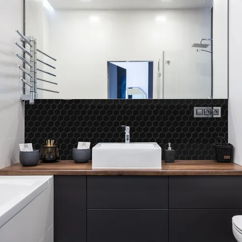 Miniatura 5 de Azulejos hexagonales negros para despegar y pegar, 12 x 12 pulgadas, adhesivo 3D autoadhesivo para pared de cocina y baño (10 hojas)