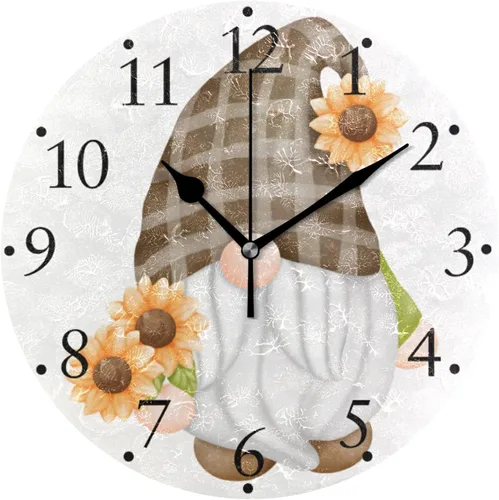 Reloj de pared de gnomo de girasol, silencioso, sin tictac, arte moderno, redondo, reloj de pared colgante con pilas, para cocina, sala de estar,