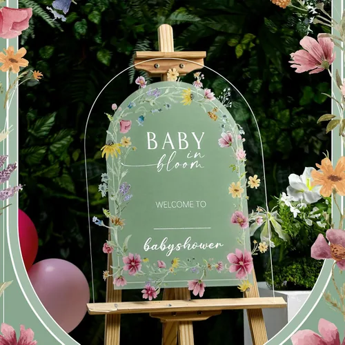Miniatura 3 de Yousoontic Letrero de bienvenida de acrílico para baby shower, de 24 x 18 pulgadas, letrero de bienvenida de flores silvestres con flores silvestres