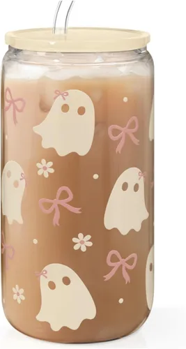 Miniatura 25 de SANDJEST Vaso de Vidrio con Margaritas en Patrón de Tablero de Ajedrez, Taza Floral a Cuadros con Tapa y Pajita, Tazas Estéticas de Café Helado