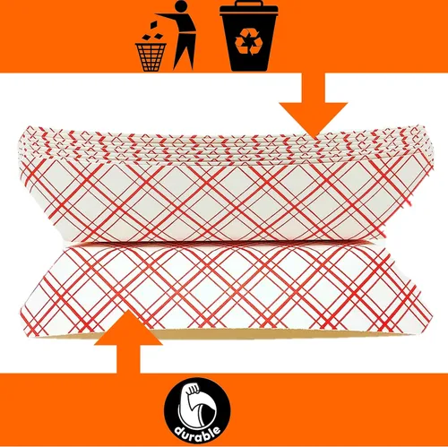 Miniatura 6 de Botes medianos de papel para alimentos, bandejas de papel a cuadros rojos y blancos. Mediano (1 libra). Paquete de 100, botes desechables