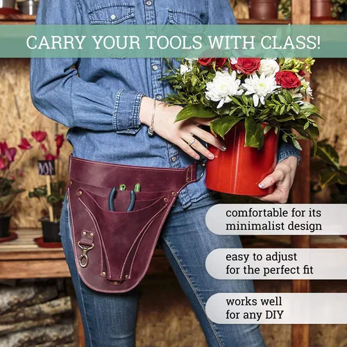 Miniatura 7 de Bolsa de cuero para cinturón de herramientas de floristería para jardinería, herramientas de granjero, bolsa de funda pequeña carpintero Borgoña