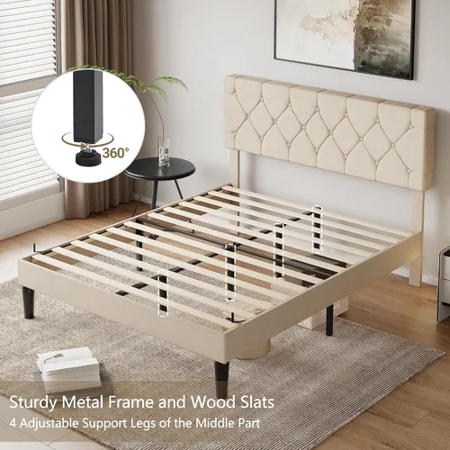 Miniatura 7 de VECELO Base de cama tamaño completo con cabecera capitoné con botones, plataforma tapizada con soporte de listones de madera, no necesita somier