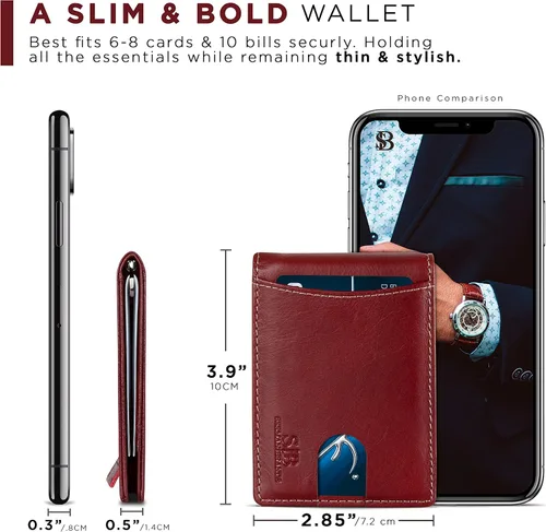 Miniatura 48 de SERMAN BRANDS - Billetera sencilla de cuero genuino con bloqueo RFID para hombre, billetera delgada con bolsillo frontal y clip para dinero