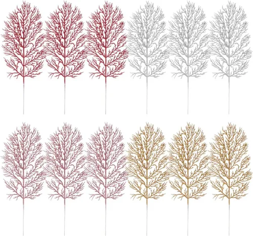 Cabilock 12 piezas de hojas artificiales con purpurina de Navidad, hojas brillantes, adorno de hojas para árbol de Navidad, guirnalda de corona,