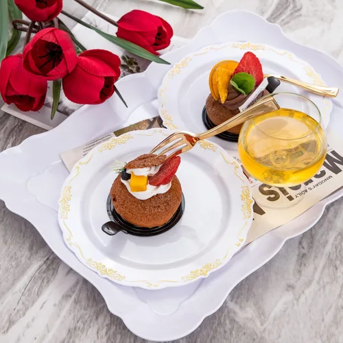Miniatura 4 de LIYH - 200 platos de postre dorados, 100 platos de aperitivo de 7.5 pulgadas y 100 tenedores de plástico dorados de 5 pulgadas, platos para Oro